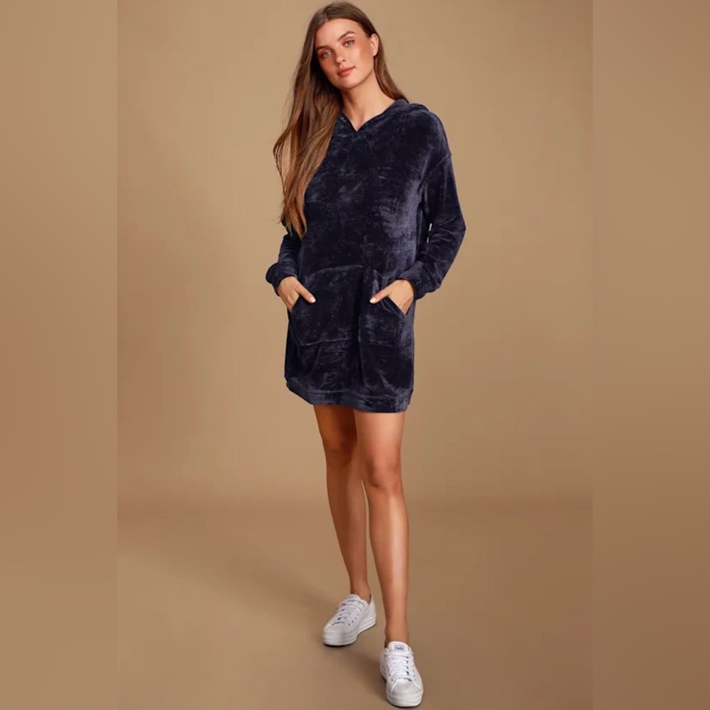Lulu's Micha Navy Blue Chenille Knit Hooded Sweater Dress - Picture 2 of 8